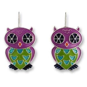 Zarah Calypso Owl Dangle Earrings Sterling Silver Plated Cloisonne Enamel Bird
